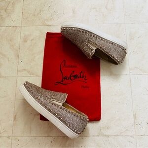 $995 Christian Louboutin Pik Boat Metallic Spike Studs Slip-on Sneakers Size 9